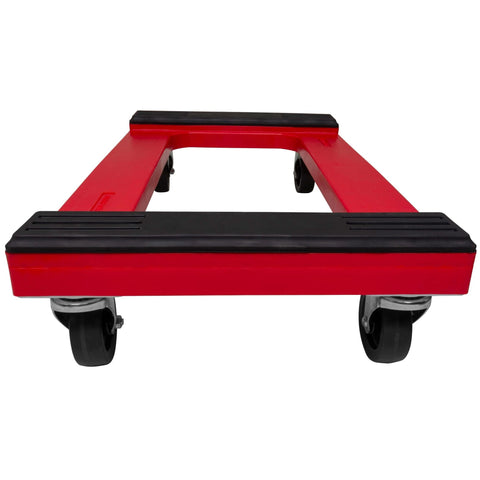 Front view of a red plastic 4-wheel furniture dolly with steel-reinforced frame and 4-inch swivel casters, 1200 lbs capacity, 18x30 inch, 1-pack.