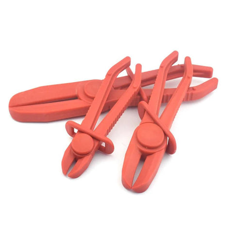 Three Pack Plastic Hose Pinch Off Pliers Set For Automotive Hoses And Fuel Lines Red Plastic Line Clamp Pliers shown in different sizes.