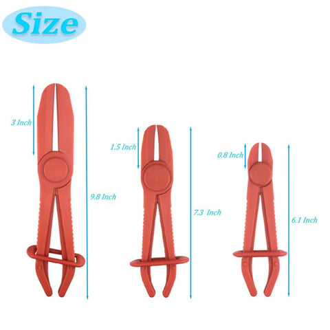 Three Pack Plastic Hose Pinch Off Pliers Set For Automotive Hoses And Fuel Lines Red Plastic Line Clamp Pliers with size measurements