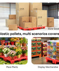 Red 6 Pack Plastic Pallets Lightweight Nestable Polyethylene Floor Pallets carrying boxes, plants, and beverages in different settings.