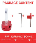 One And A Half Inch Plastic Pipe Reamer With 2 Carbide Square Blades For PVC CPVC And ABS Pipes Red heavy-duty tool with a hex wrench and lock knife included in the package content.