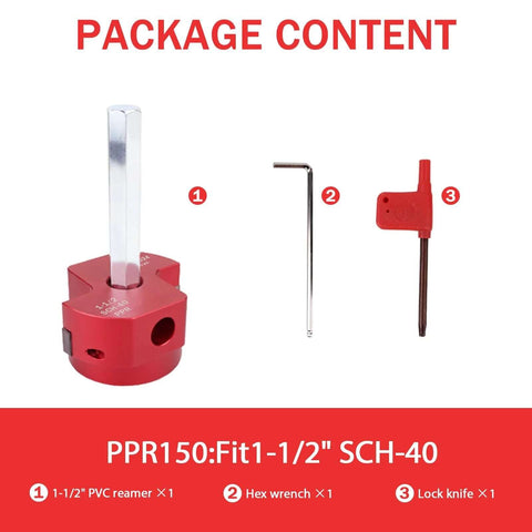 One And A Half Inch Plastic Pipe Reamer With 2 Carbide Square Blades For PVC CPVC And ABS Pipes Red heavy-duty tool with a hex wrench and lock knife included in the package content.