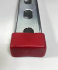 10 Pack Red Plastic Strut Channel Caps For 13/16 And 7/8 Tall Strut Channel Ends, shown installed on metal channel end.