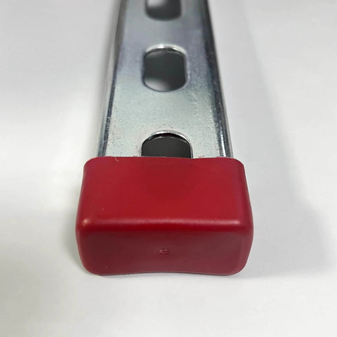 10 Pack Red Plastic Strut Channel Caps For 13/16 And 7/8 Tall Strut Channel Ends, shown installed on metal channel end.