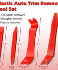 Image of a red 7 Piece Car Trim Removal Tool Kit With Non Scratch Plastic Pry Tools And Fastener Clip Pliers For Auto Interior Panel Detachment Dashboard Door Clips And Upholstery Red Portable And Handy For In Car Emergencies showing different tool sizes.