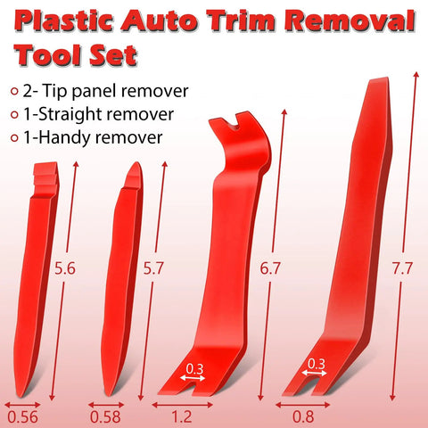 Image of a red 7 Piece Car Trim Removal Tool Kit With Non Scratch Plastic Pry Tools And Fastener Clip Pliers For Auto Interior Panel Detachment Dashboard Door Clips And Upholstery Red Portable And Handy For In Car Emergencies showing different tool sizes.