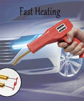 110V Plastic Welding Machine 50W Auto Bumper Repair Kit, portable welder in hand, car background, close-up of staples