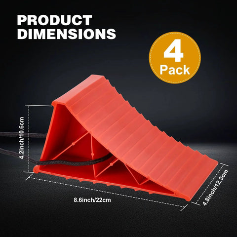 Heavy Duty Wheel Chocks For RVs And Campers, 4 Pack With Rope, Non Slip Hard Plastic Chocks That Keep Your Ride In Place On Any Terrain, Durable And Easy To Remove, Red PAHTTO