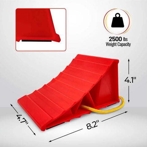 Heavy Duty Wheel Chocks For Travel Trailers, HOXWELL Two Pair Non Slip Red Blocks With Rope, plastic triangular design, dimensions visible