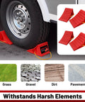 Heavy Duty Wheel Chocks For Travel Trailers, HOXWELL Two Pair Non Slip Red Blocks With Rope securing a tire, durable design.