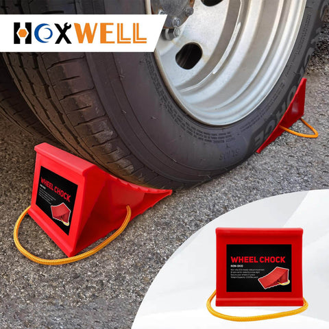 Heavy Duty Wheel Chocks For Travel Trailers, HOXWELL Two Pair Non Slip Red Blocks With Rope installed on tire, durable plastic design