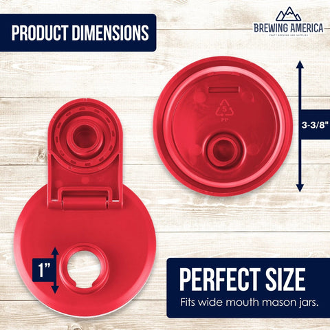 Red wide mouth plastic jar lids with flip cap and pour spout, USA made, for Kerr and Ball jars, reusable for wet and dry foods.
