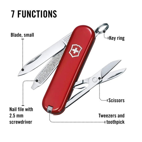 Victorinox Swiss Army Classic SD Pocket Knife Red Ultra Compact Seven Function Tool With Small Blade Scissors Nail File With Screwdriver Tweezers And Toothpick Perfect For Everyday Tasks And Travel