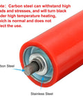 Close-up of Durable Polyurethane Coated Conveyor Roller 2.4 Inch Diameter 20 Inch Length Red with Stainless Steel Shaft and Galvanized End
