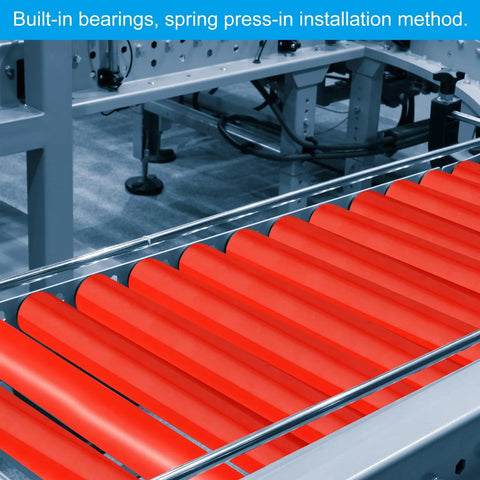 Installed view of Durable Polyurethane Coated Conveyor Roller For 2 Inch Diameter And 10 Inch Length Red Finish on industrial line