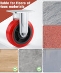 6 Inch Industrial Heavy Duty Caster Wheel with red polyurethane surface, versatile on wood, carpet, tile shown with different floor types.
