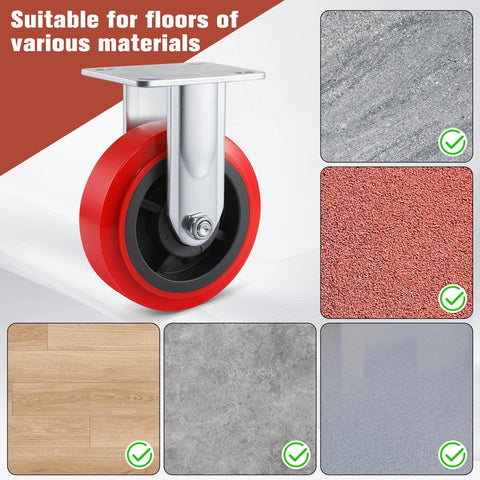 6 Inch Industrial Heavy Duty Caster Wheel with red polyurethane surface, versatile on wood, carpet, tile shown with different floor types.