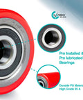 Close-up of red polyurethane pallet jack load wheels, pre-installed bearings visible, Grade A replacement kit for warehouse pallet trucks.