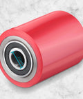 Close-up of a red polyurethane pallet jack load wheel with 20mm ID bearing, part of 12 pcs pallet jack load wheels full set in red, 3 x 3.75 inch polyurethane on steel.