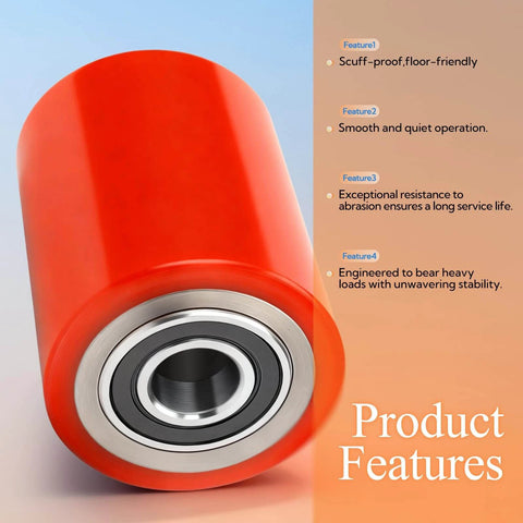 Close-up of pallet jack wheel with bearings, showing product features for smooth movement and floor protection.