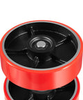 Pallet Jack Wheels Set for most manual pallet jacks, red polyurethane tread, steel core, close-up of 7 x 2 inch steer wheel