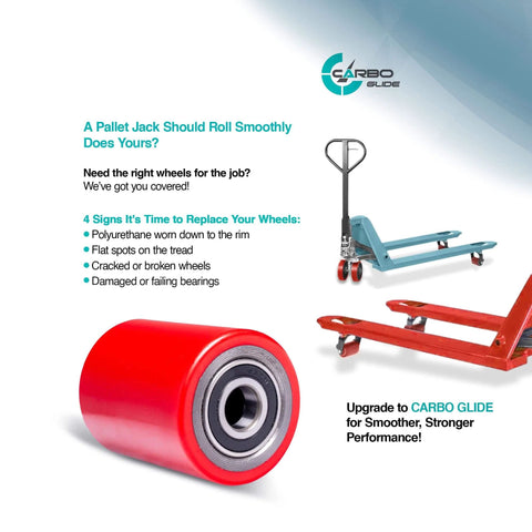 Image of red polyurethane pallet jack load wheel with bearing and text on replacing wheels; also shows pallet jacks, promoting smoother performance.