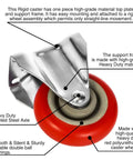 4-Inch Caster Wheels Set With Red Polyurethane Wheels Top Plate Non-Swivel Rigid Fixed Casters With Mounting Hardware 4 Pack