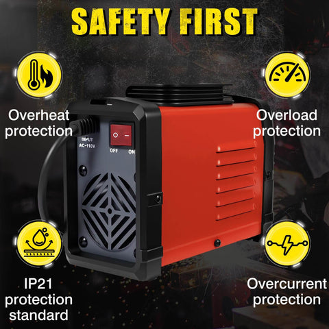 200 Amp Arc Welder Kit For Home And DIY Portable 110V Stick Welder showing safety features and IGBT inverter