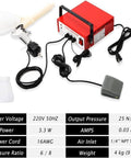 Portable Powder Coating System With Electrostatic Spray Gun And Foot Switch Includes Nozzles And Powder Cups 5 Level Adjustment For Precise Powder Application On Metal Parts Red displayed on white background with power specs.