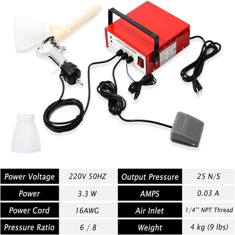 Portable Powder Coating System With Electrostatic Spray Gun And Foot Switch Includes Nozzles And Powder Cups 5 Level Adjustment For Precise Powder Application On Metal Parts Red displayed on white background with power specs.