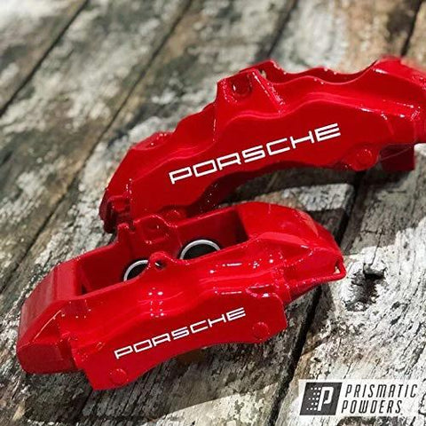 Astatic Red Solid Tone Polyester Powder Coating 1 LB High Gloss Finish For Automotive Metal Wheels And Parts Durable High Performance Coating Proudly Made In The USA 85 Plus Gloss Units on red Porsche brake calipers.