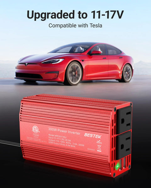 Power Inverter 12V DC To 110V AC For Cars With Aluminum Housing, 300W Continuous And 700W Peak, with Tesla model in background