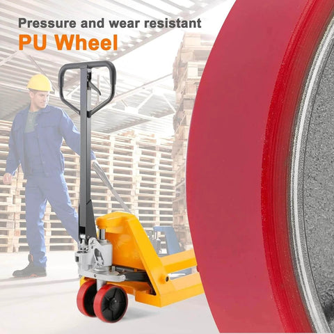Close-up of pallet jack steering wheels set 7 x 2 inch with red polyurethane tread on steel in warehouse.