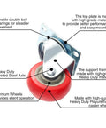 Close-up of a single caster from 8 Pack 3 Inch Combo Caster Set With 4 Swivel Casters With Brakes and 4 Plate Heavy Duty Casters on Red PU Wheels.