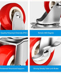 Heavy Duty 1.5 Inch Caster Wheels Set Of 12 With Brakes, Swivel Locking Casters, Red PVC Wheels with steel swivel and brake