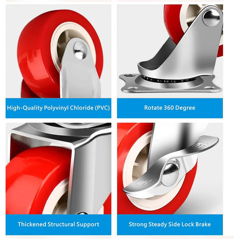 Heavy Duty 1.5 Inch Caster Wheels Set Of 12 With Brakes, Swivel Locking Casters, Red PVC Wheels with steel swivel and brake