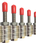 Red PVC Rubber M8 Bolt Covers for exposed threads, softening ends, cushioning sharp edges, and color coding in machinery.