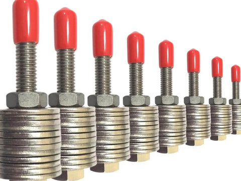 Red PVC Rubber M8 Bolt Covers for exposed threads, softening ends, cushioning sharp edges, and color coding in machinery.