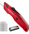 Premium Retractable All Metal Utility Knife With Quick Change Blade System Heavy Duty Box Cutter Includes 10 Extra Blades on display