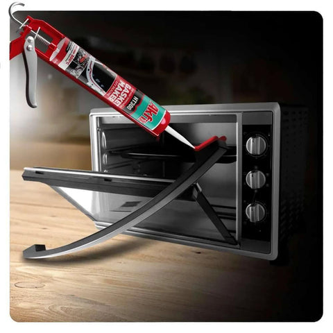 Heavy-Duty High Temp Silicone Gasket Maker And RTV Sealer - DIY Friendly, Flexible Heat Resistant Sealant shown near oven with caulking gun