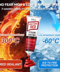 Red High Temperature RTV Silicone Gasket Maker Sealant, tube with red sealant against fire and ice background, high and low temp resistance