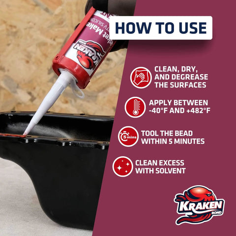Red RTV Silicone Gasket Maker Sealant, Heavy Duty Automotive Grade, Oil Resistant And Heat Safe Up To 600F, applied on surface