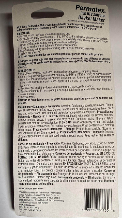 Back packaging of Red High Temp RTV Silicone Gasket Sealant 3 Oz For Automotive Engines showing instructions and cautionary details