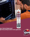 Man using Red RTV Silicone Gasket Maker Sealant, Heavy Duty Automotive Grade in kitchen, high-temp sealing application visible.