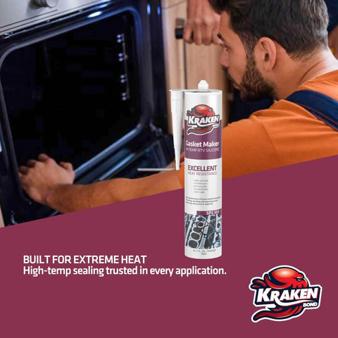 Man using Red RTV Silicone Gasket Maker Sealant, Heavy Duty Automotive Grade in kitchen, high-temp sealing application visible.