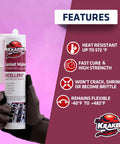 Red RTV Silicone Gasket Maker Sealant in a gloved hand, showing features like heat resistance and high strength, 10.1 fl oz bottle.