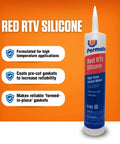 High-Temp Red RTV Silicone Gasket Maker 11 Oz tube with formulation benefits for engines and heavy-duty use displayed.