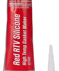 Tube of High-Temp Red RTV Silicone Gasket Maker, 3 Oz, with nozzle attached, heavy-duty sealant for replacing cut gaskets.