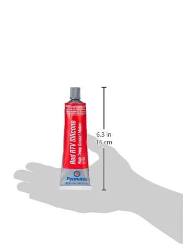 High-Temp Red RTV Silicone Gasket Maker, 3 oz tube shown in hand for size reference
