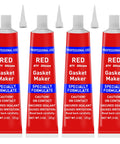 Four 85 g tubes of red RTV silicone gasket maker sealant for high-temperature gaskets, showing front view with labels and caps.